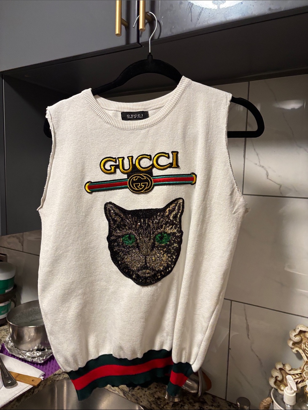 Gucci Cream Tank cardigan with Embroidered Cat and Signature Web Stripe - P2P:19